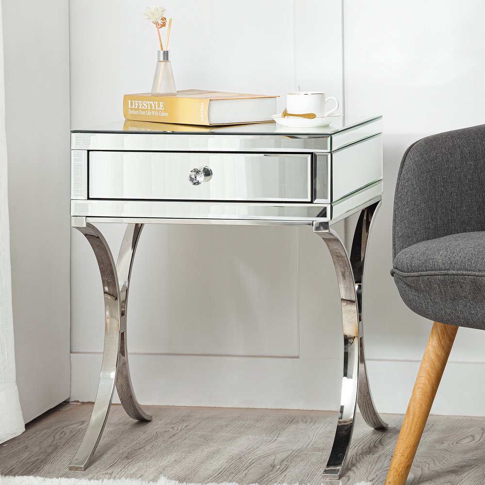 SHYFOY Mirrored Bedside Table with Stainless Steel | Silver Single Drawer Mirrored Night Table | Glass Mirror Nightstand