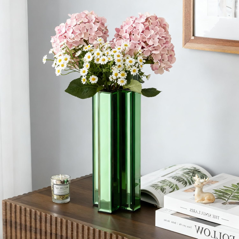 Green Glass Flower Vases for Home Decor, Living Room Table Kitchen Fireplace Decor