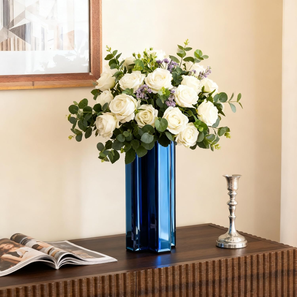 Blue 12 Inch Tall Cross-Shaped Decorative Glass Flower Vases for Home Decor