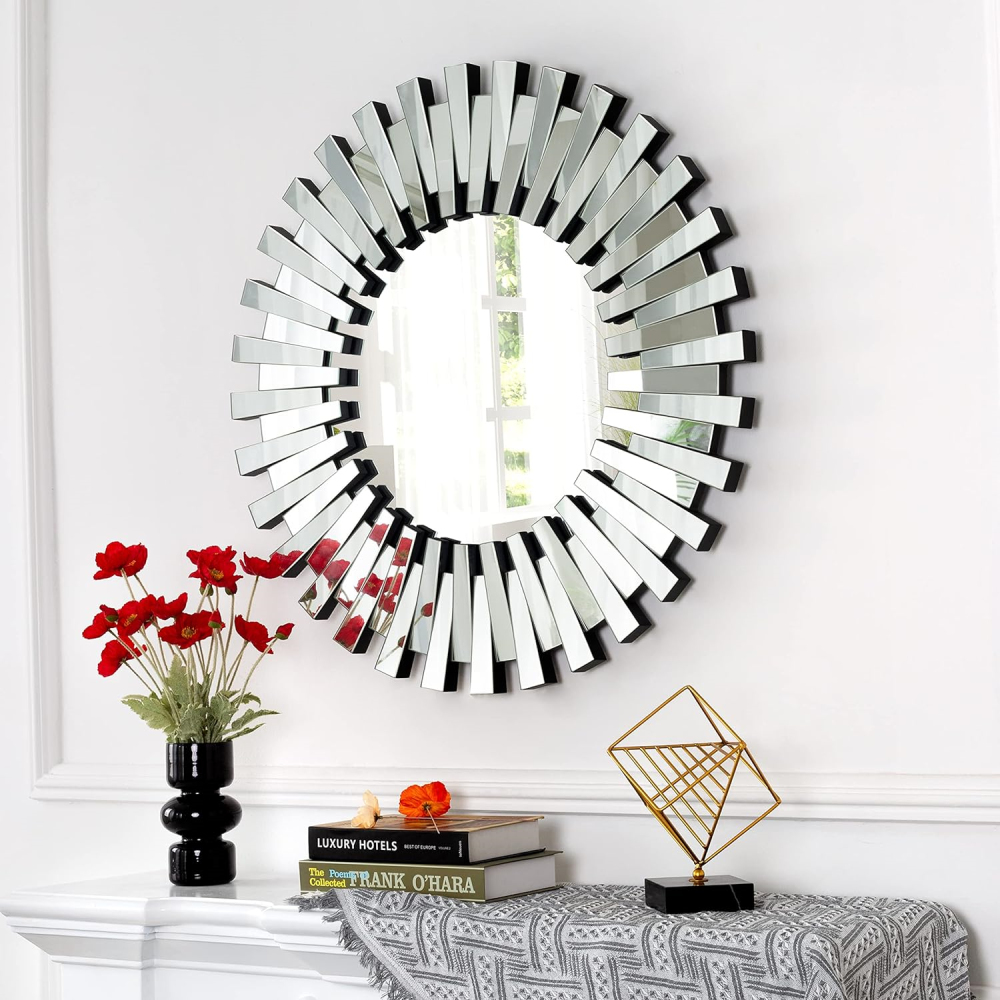 for Wall Home Decor Round Wall Mirror 32 inch Large Modern Silver Mirrors Glass Wall Art Sunburst Wall-Mounted Hanging Accent
