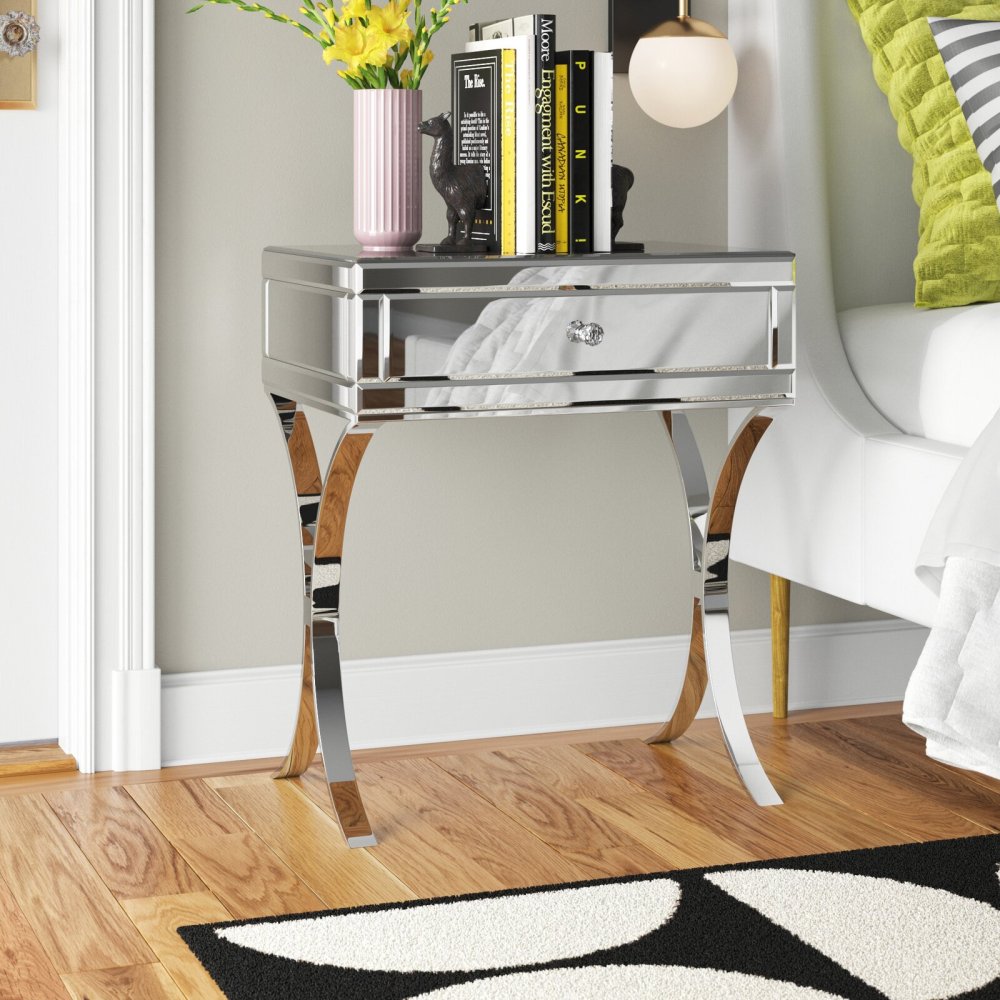 SHYFOY Mirrored Bedside Table with Stainless Steel | Silver Single Drawer Mirrored Night Table | Glass Mirror Nightstand