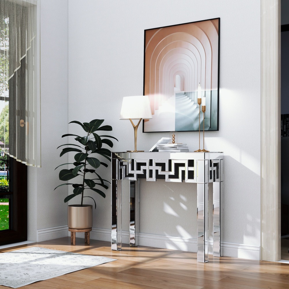 Silver Console Table with Mirrored Finished, Modern Glass Entryway Table Geometric Design