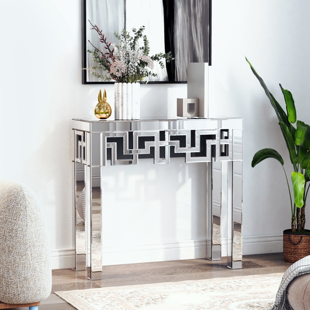 Silver Console Table with Mirrored Finished, Modern Glass Entryway Table Geometric Design