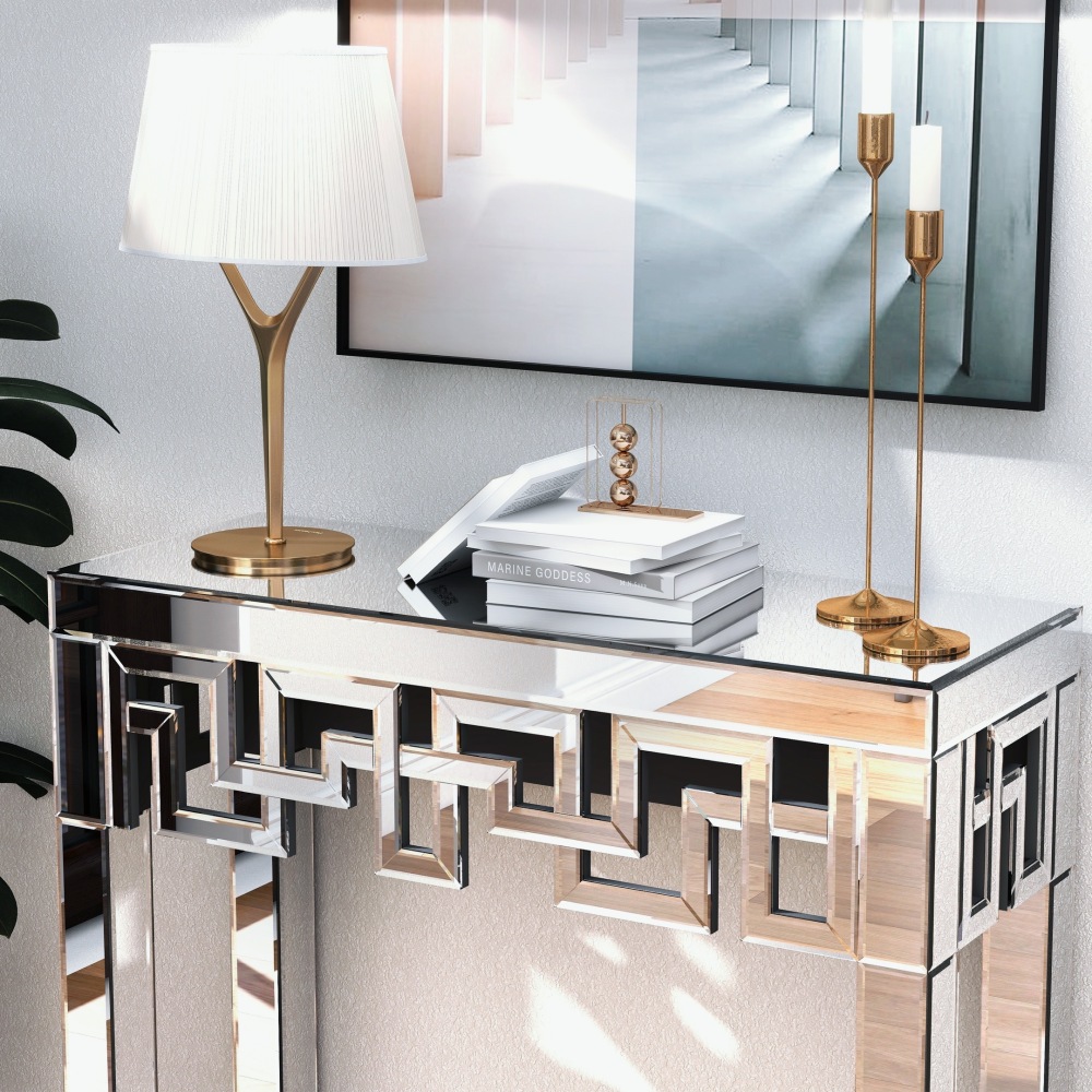 Silver Console Table with Mirrored Finished, Modern Glass Entryway Table Geometric Design