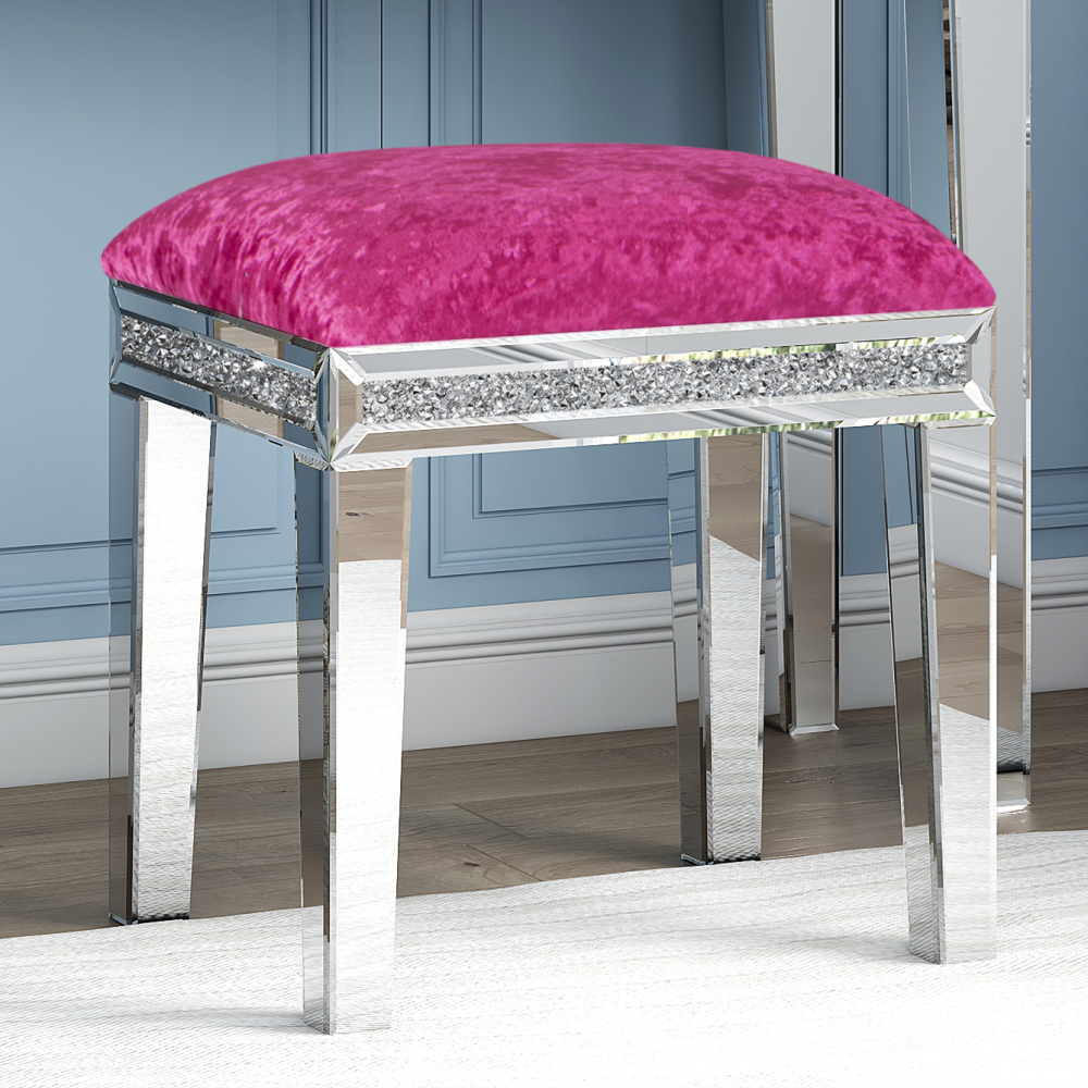New Arrival Mirror Diamond Vanity Stool with Velvet Upholstered Seat Pink,Blue,Off-white,Light pink