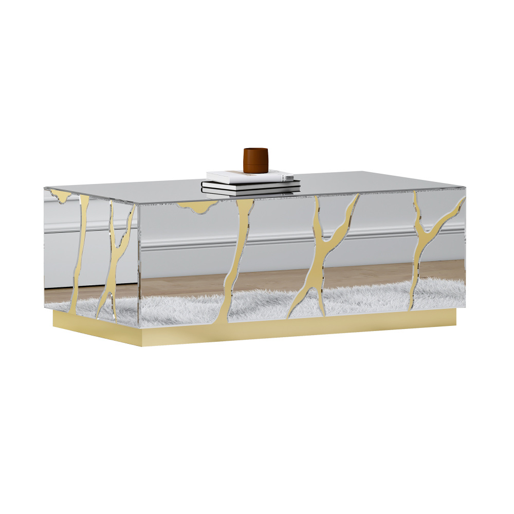 SHYFOY 39''W Mirrored Block Glass Rectangle Coffee Table With Unique Crackle Design