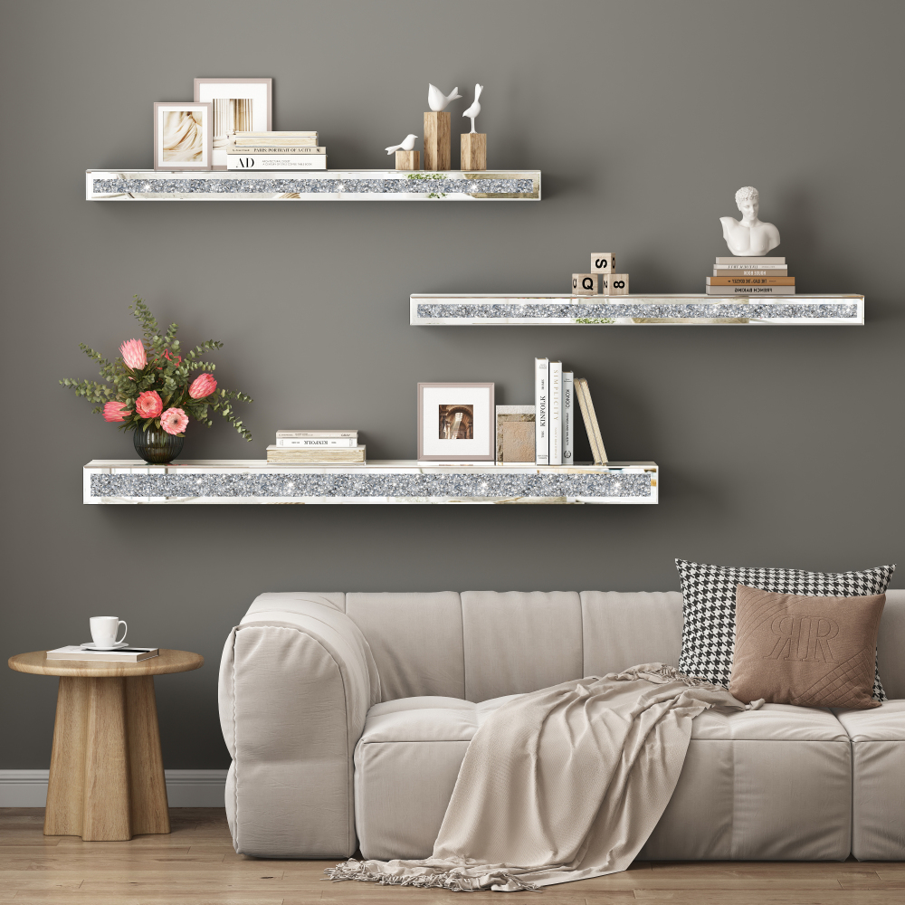 Fireplace Mantel, 48 Inch Mirrored Floating Shelf with Crystal Crushed Diamond Inlay / SF-TS132