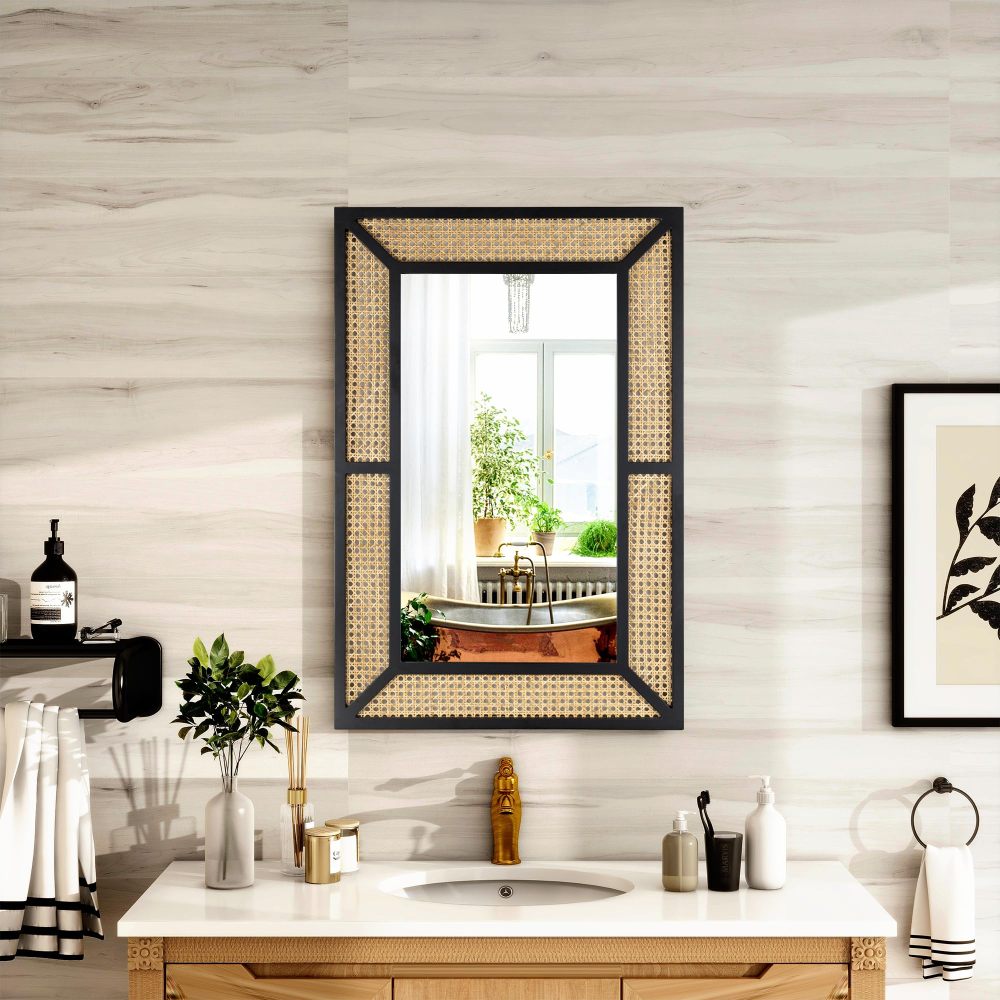 Rattan Mirror for Wall Decor Bohemian Rectangular Large Mirror, Boho Wall Mirror, Woven Wicker Hanging Mirror, 22x35 inches, Black