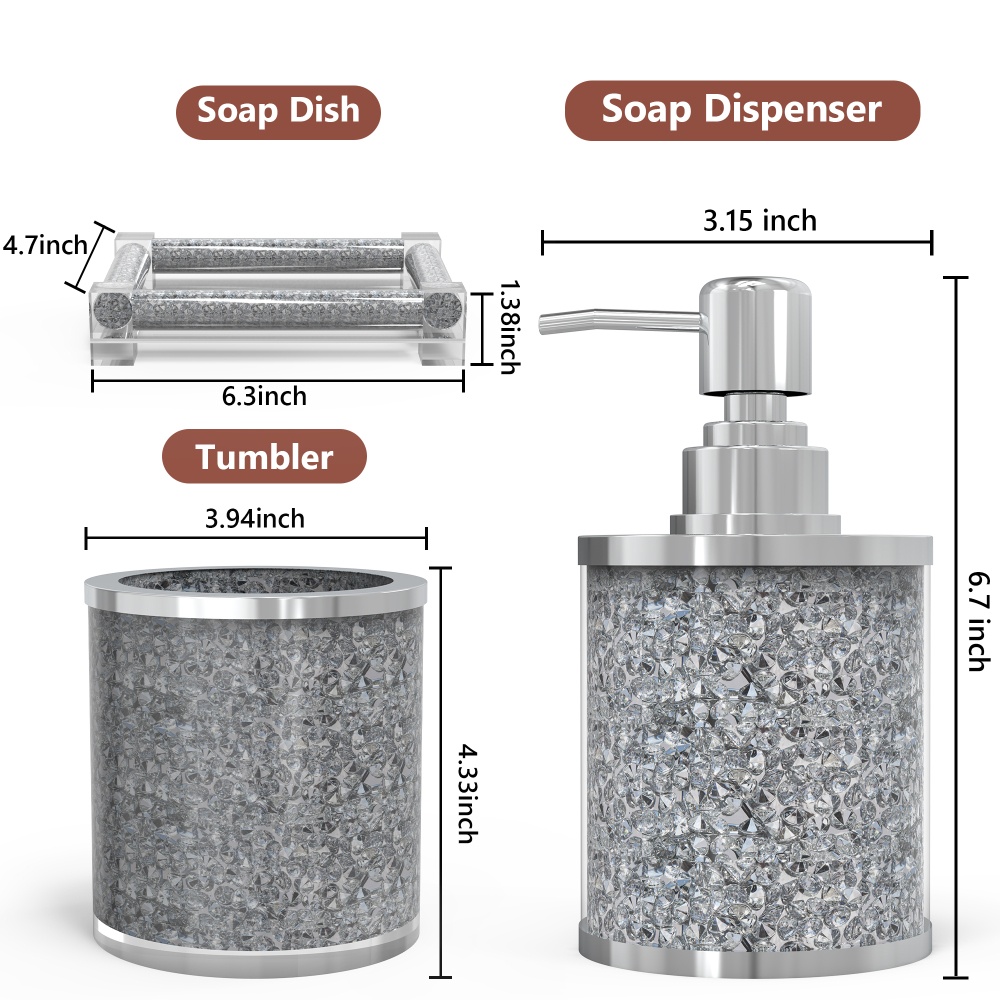 SHYFOY Silver Bathroom Set Accessory with Crushed Diamond, Modern Glass Bath Hardware Kit Sets, Sparkling Home Decoration / SF-MP024