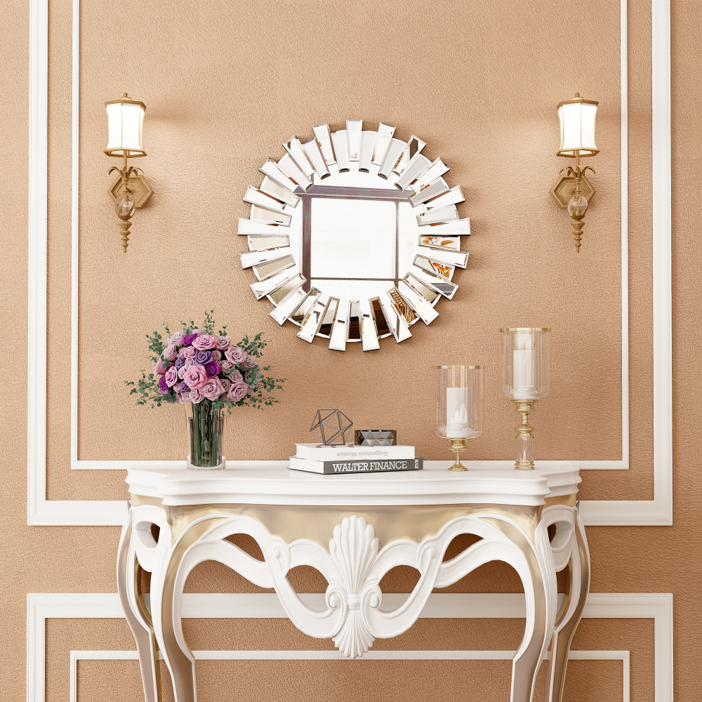 for Wall Home Decor Round Wall Mirror 32 inch Large Modern Silver Mirrors Glass Wall Art Sunburst Wall-Mounted Hanging Accent