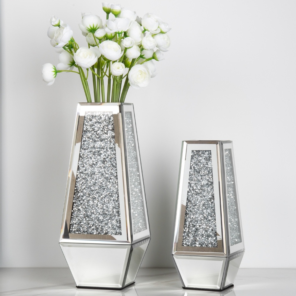SHYFOY Crushed Diamond Mirrored Vases Set of 2, Silver Glass Flower Vases for Table - Can’t Hold Water Ornaments