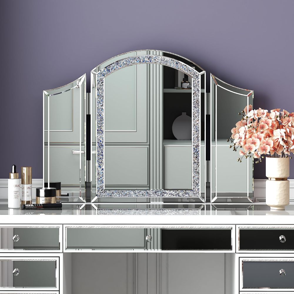 SHYFOY Trifold Mirror Vanity-Crushed Diamond 3 Way Mirror Bedrooms, Bathroom, Table top Mirror /SF-WM175