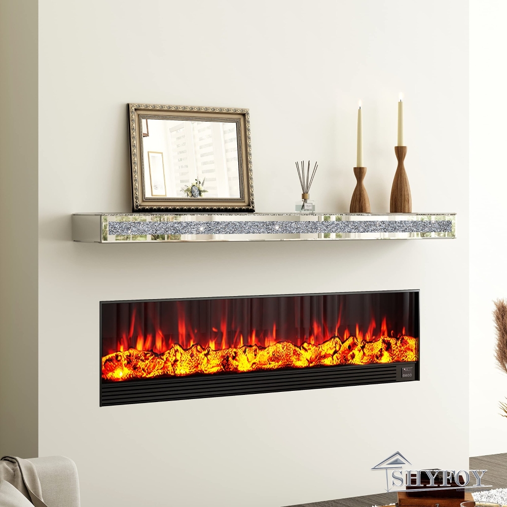 Fireplace Mantel, 48 Inch Mirrored Floating Shelf with Crystal Crushed Diamond Inlay, Wall Mounted Long Shelf for Wall Decor / SF-TS132