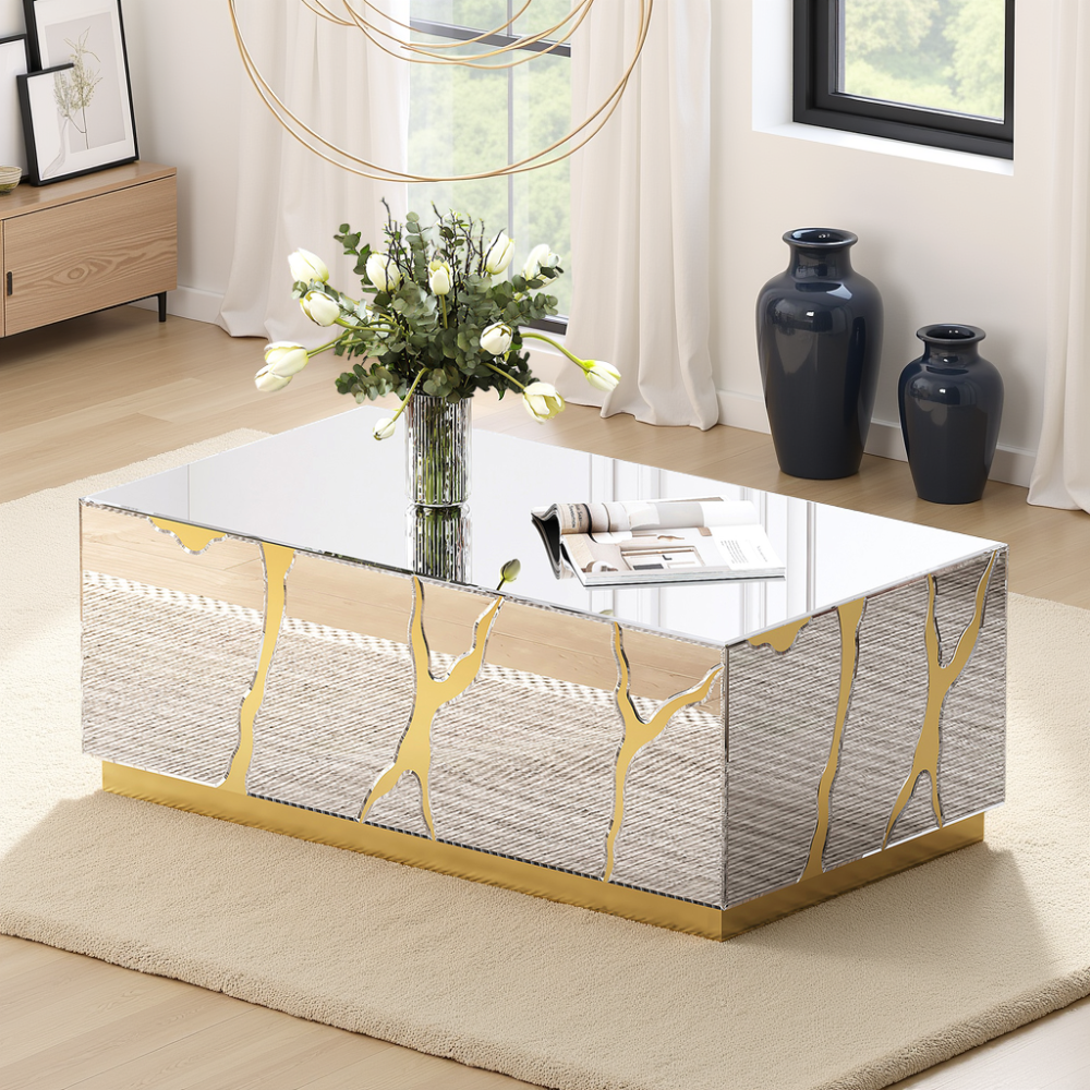 SHYFOY 39''W Mirrored Block Glass Rectangle Coffee Table With Unique Crackle Design