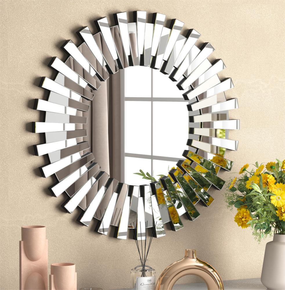 for Wall Home Decor Round Wall Mirror 32 inch Large Modern Silver Mirrors Glass Wall Art Sunburst Wall-Mounted Hanging Accent