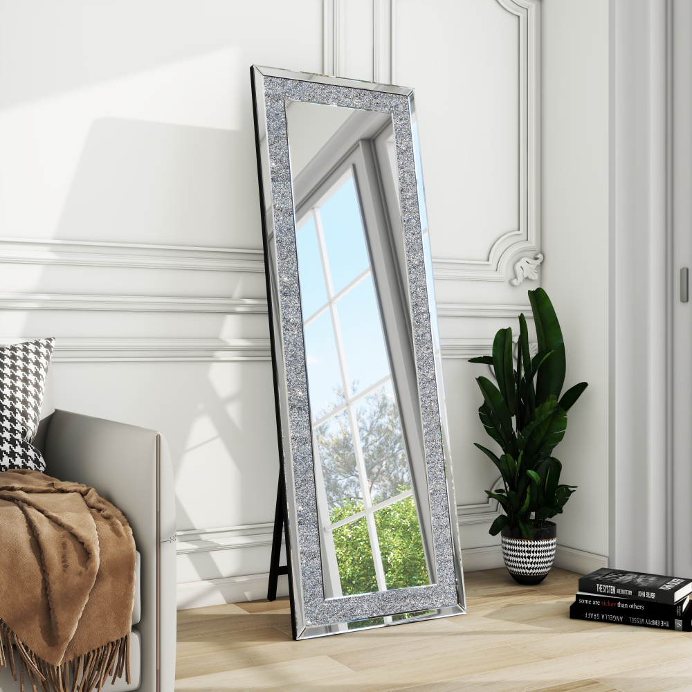Sparkly Freestanding Long Mirror with Crushed Diamond, Rectangle Full Length Floor Mirror