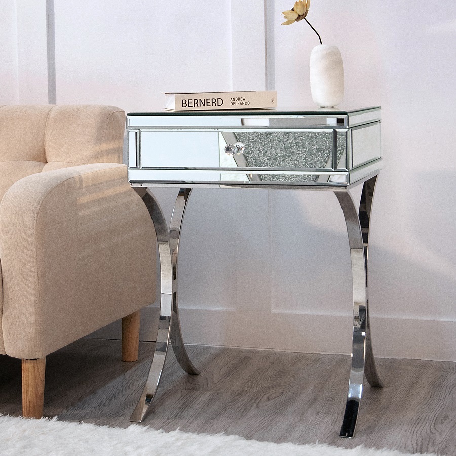 SHYFOY Mirrored Bedside Table with Stainless Steel | Silver Single Drawer Mirrored Night Table | Glass Mirror Nightstand