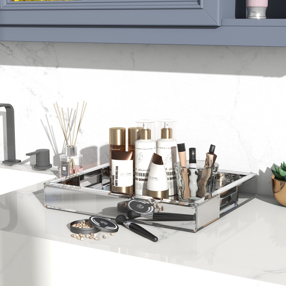 SHYFOY Mirror Glam Tray Bathroom Desktop Storage Tray, Silver Vanity Tray /SF-MP180