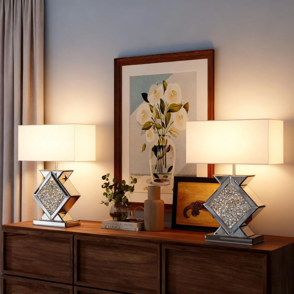 Crystal Crushed Diamond Mirrored Table Lamp, 23.6" Silver Glass Rectangular Shade Modern Glam Lamp for Bedroom, Living Room, Office