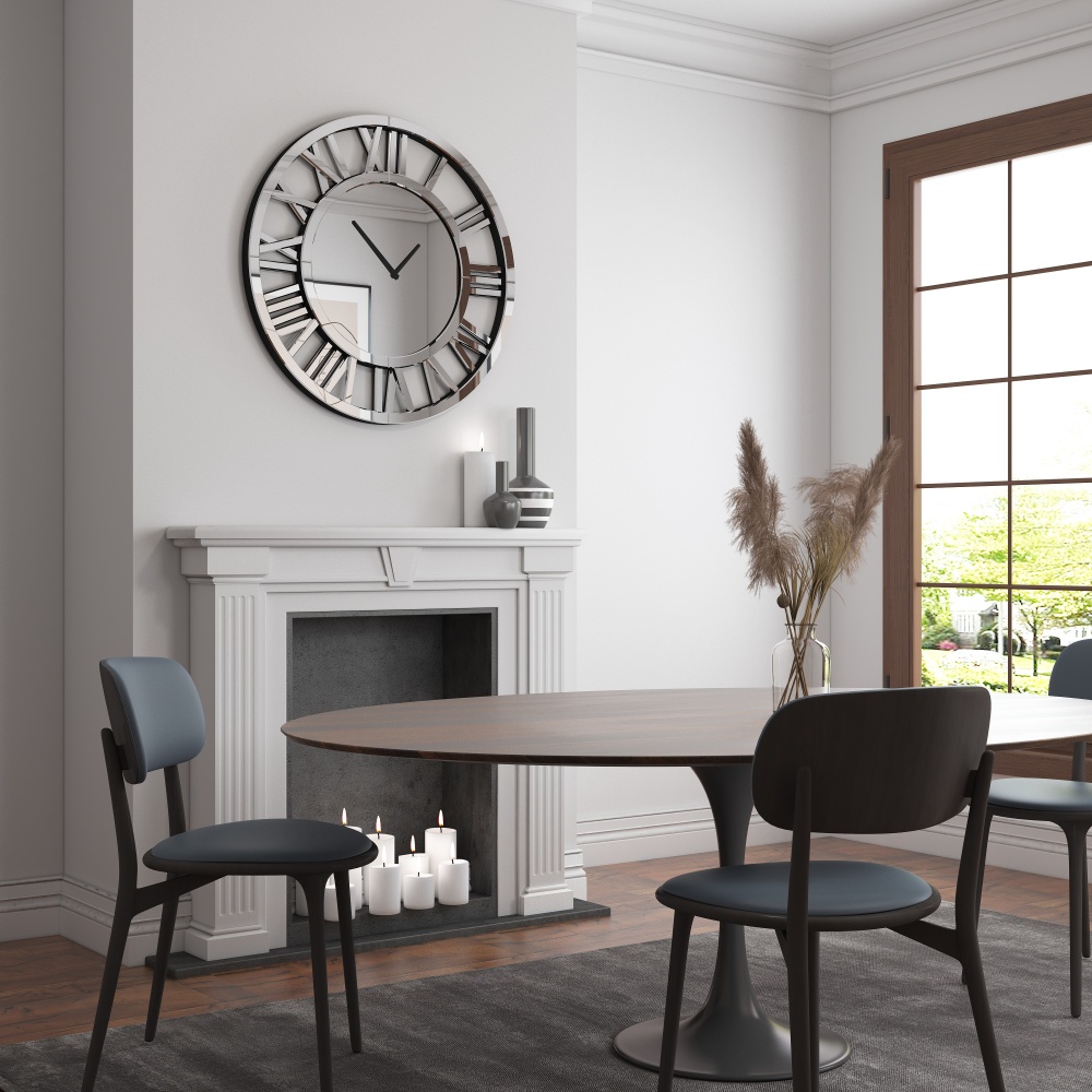 SHYFOY Large Silver Mirrored Wall Clock, Glass Surface Round Roman Numerals Clocks, Mirror Wall Art for Home Decorative 80cm