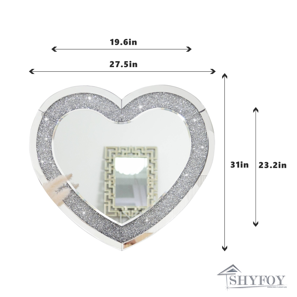 SHYFOY Heart Mirror for Wall Decor, Large Heart-Shape Wall Mirrors Crushed Diamond Decorative Crystal Wall Decor Mirrors for Living Room Bedroom Vanit