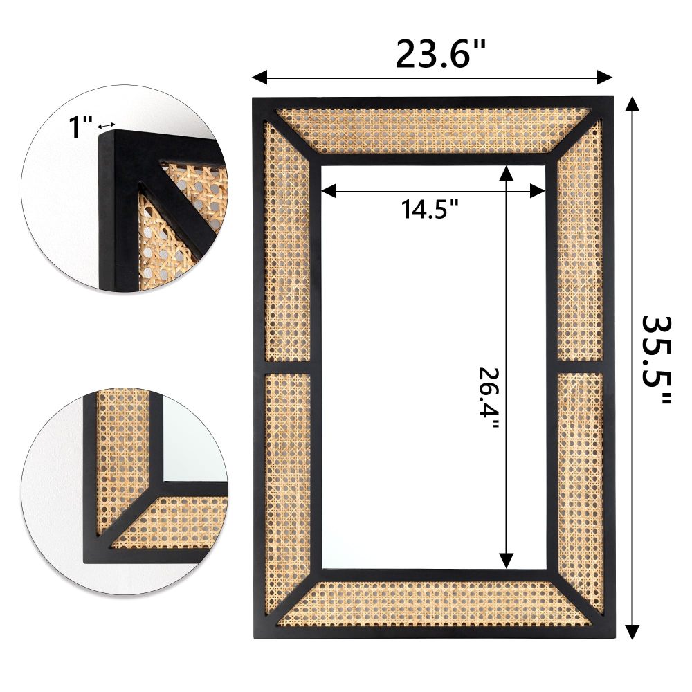 Rattan Mirror for Wall Decor Bohemian Rectangular Large Mirror, Boho Wall Mirror, Woven Wicker Hanging Mirror, 22x35 inches, Black