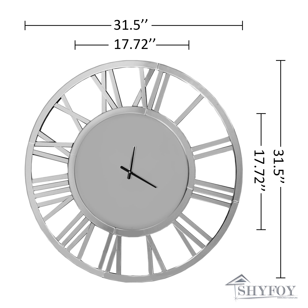 SHYFOY Large Silver Mirrored Wall Clock, Glass Surface Round Roman Numerals Clocks, Mirror Wall Art for Home Decorative 80cm / SF-MC019