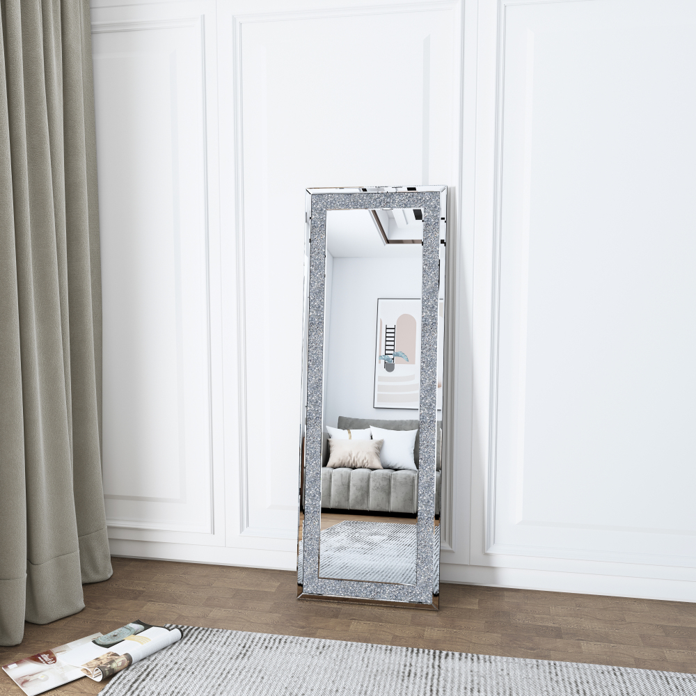 SHYFOY Sparkly Freestanding Long Mirror with Crushed Diamond, Rectangle Full Length Floor Mirror