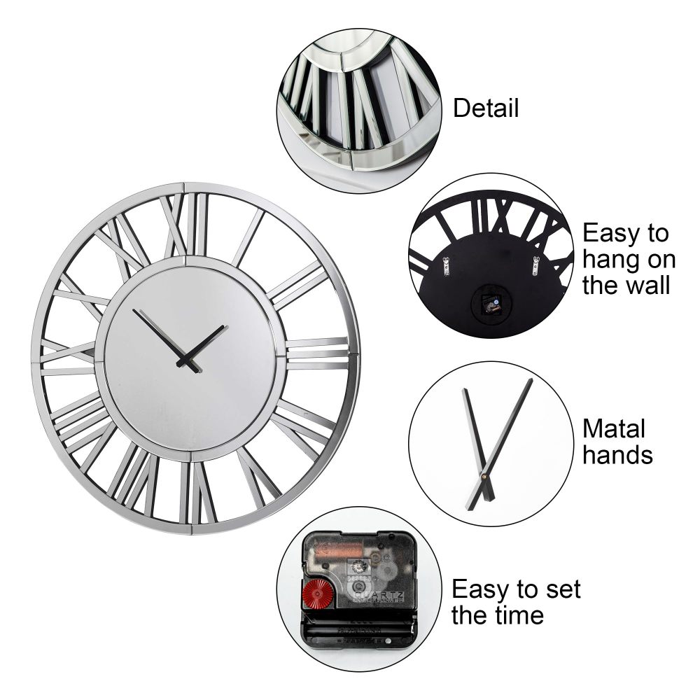 SHYFOY Large Silver Mirrored Wall Clock, Glass Surface Round Roman Numerals Clocks, Mirror Wall Art for Home Decorative 80cm / SF-MC019