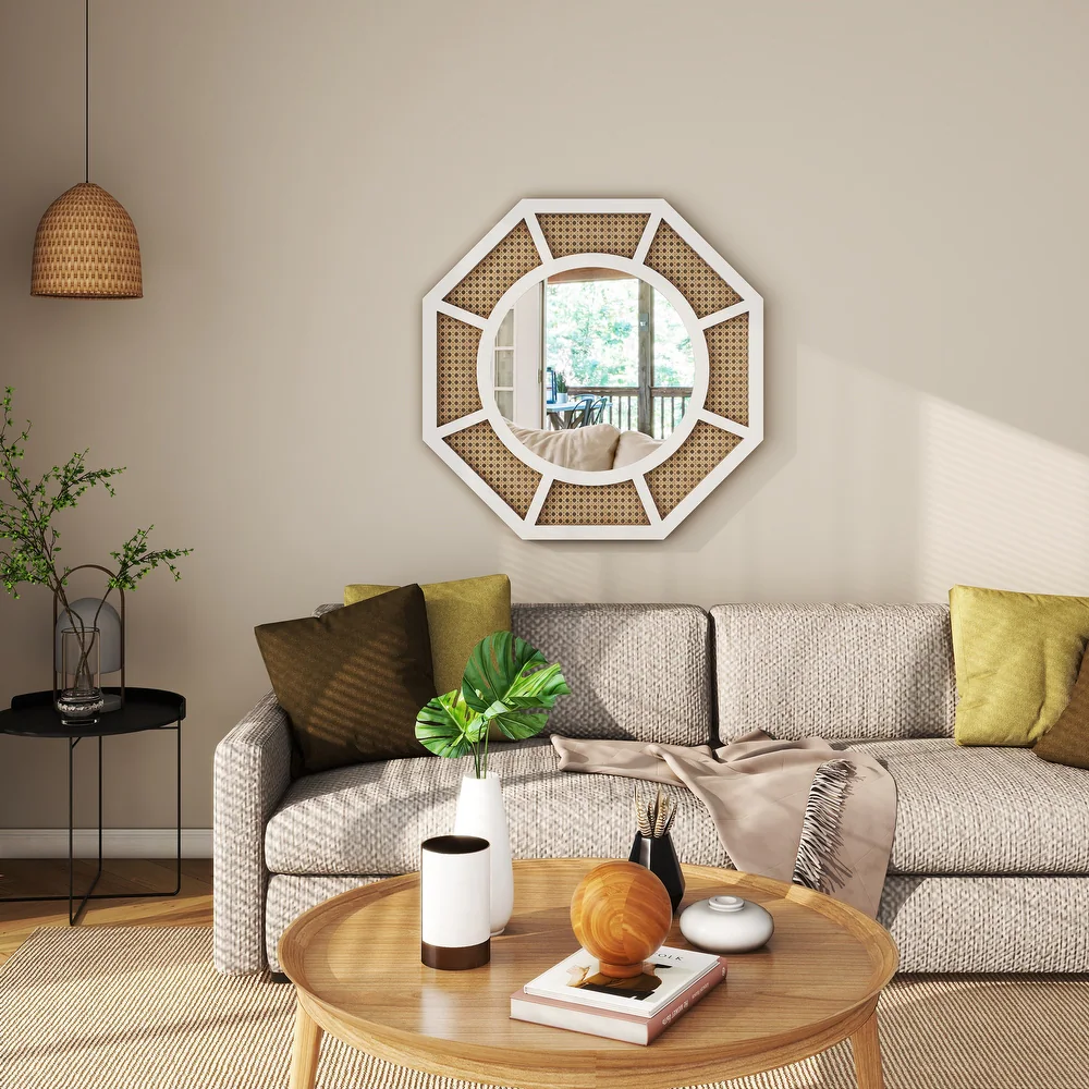 Large Rattan Mirror for Wall Decor Boho White Frame Wood /SF-WM188