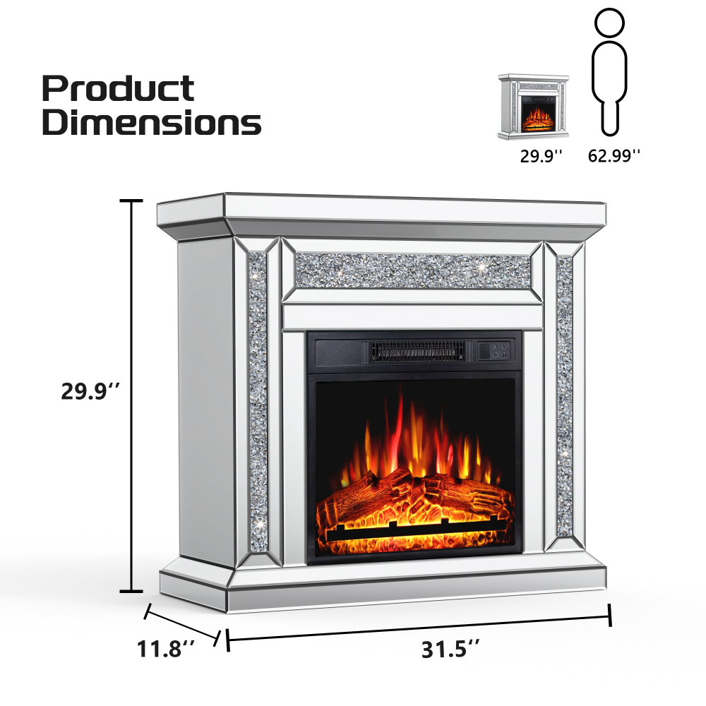 31.5'' W Electric Fireplace with Glass Mantel Surround, Crushed Diamonds inlay