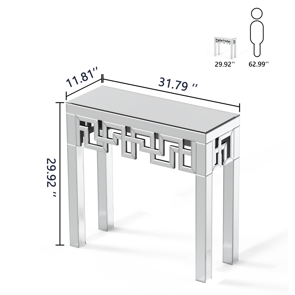 Silver Console Table with Mirrored Finished, Modern Glass Entryway Table Geometric Design