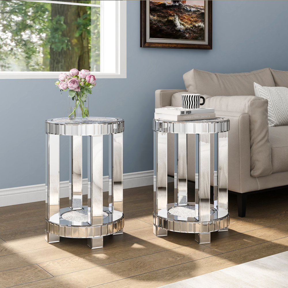 Mirrored End Table Round with Crystals Inlay, 2-Tier Modern Small Sofa Table with Storage