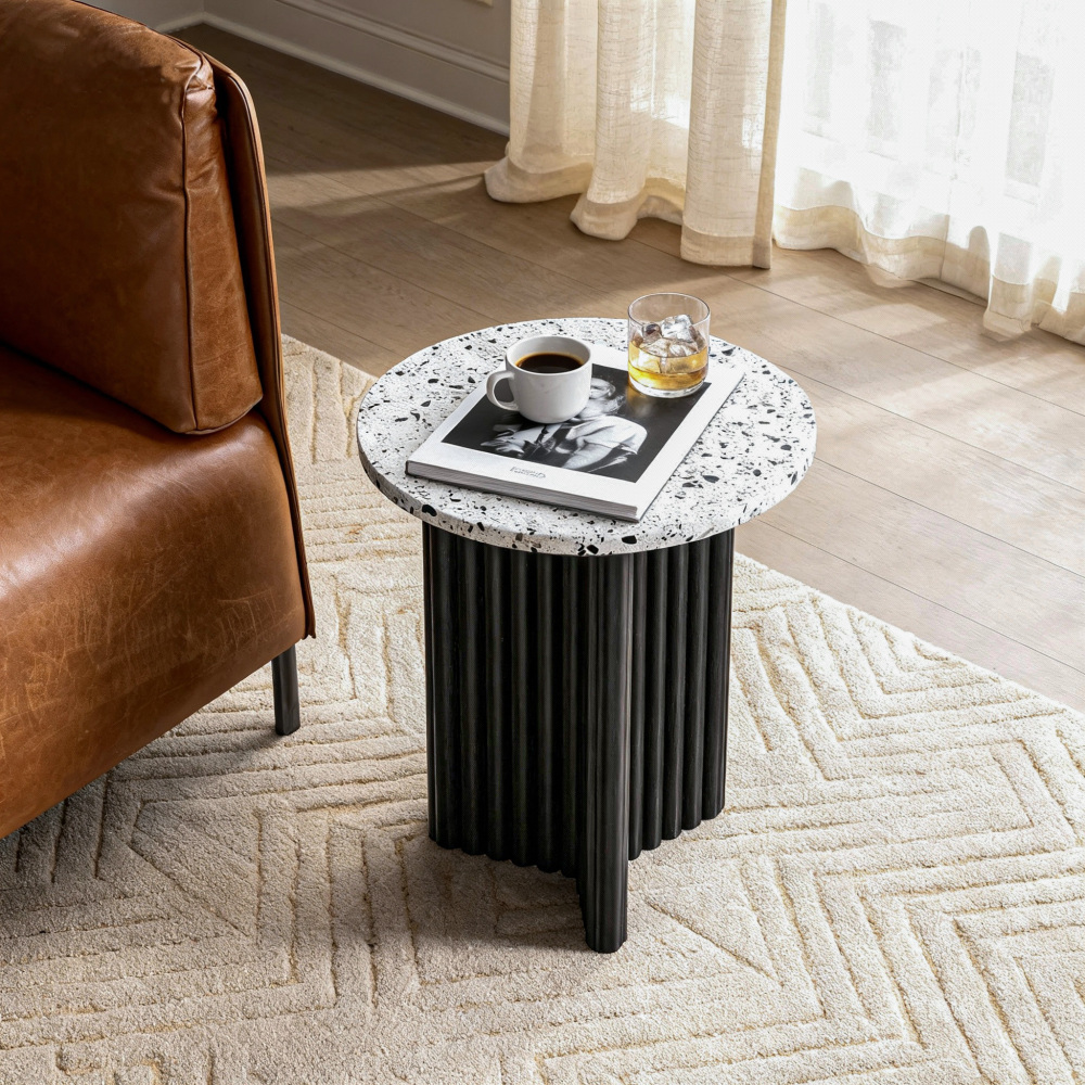 Modern Fluted Side Table, Stone End Table with Terrazzo Top & Black Fluted Ash Wood Base