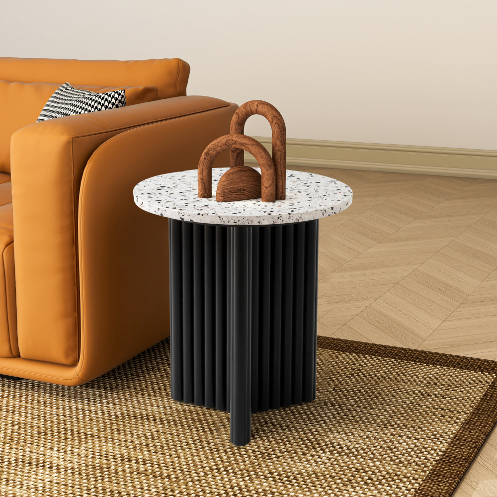 Modern Fluted Side Table, Stone End Table with Terrazzo Top & Black Fluted Ash Wood Base