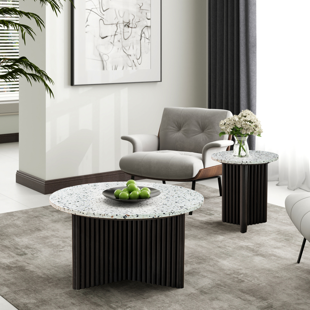 Modern Round Coffee Table with Ribbed Black Base – Minimalist Living Room Accent