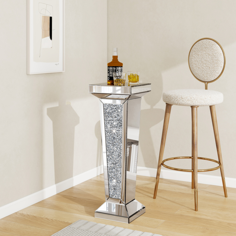 Tall Pedestal Mirrored Glass Top End Table