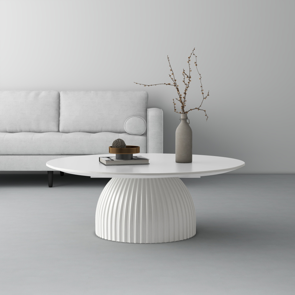 Modern Round Coffee Table, 35.4 inch White Drum Design, Contemporary Minimalist Living Room Table