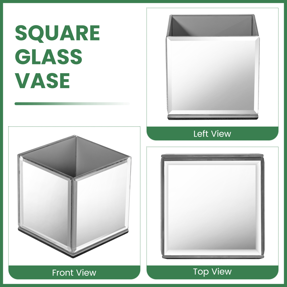 Set of 6 Mirrored Square Glass Vases 4" x4" x4", Silver Flower Vases for Centerpieces