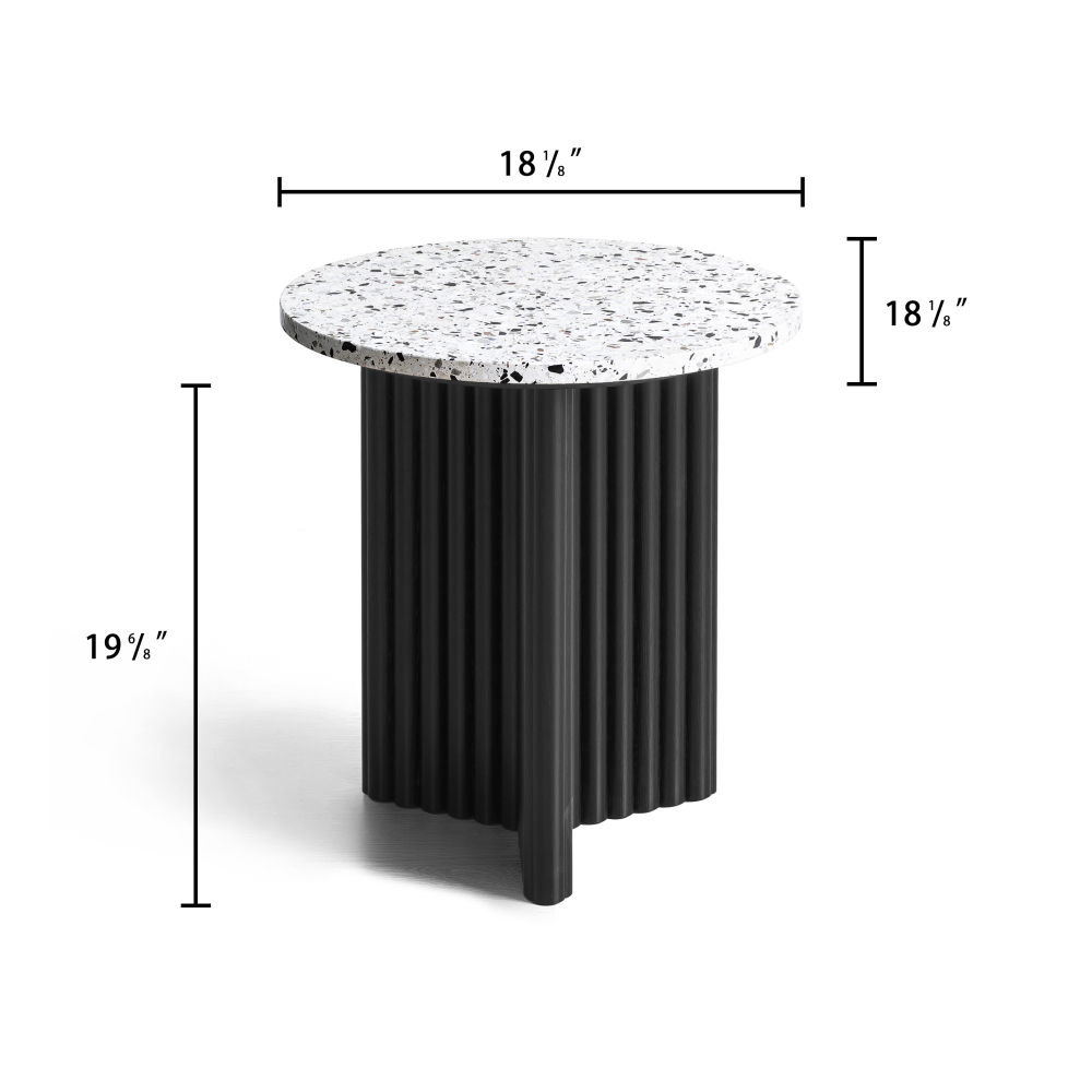Modern Fluted Side Table, Stone End Table with Terrazzo Top & Black Fluted Ash Wood Base