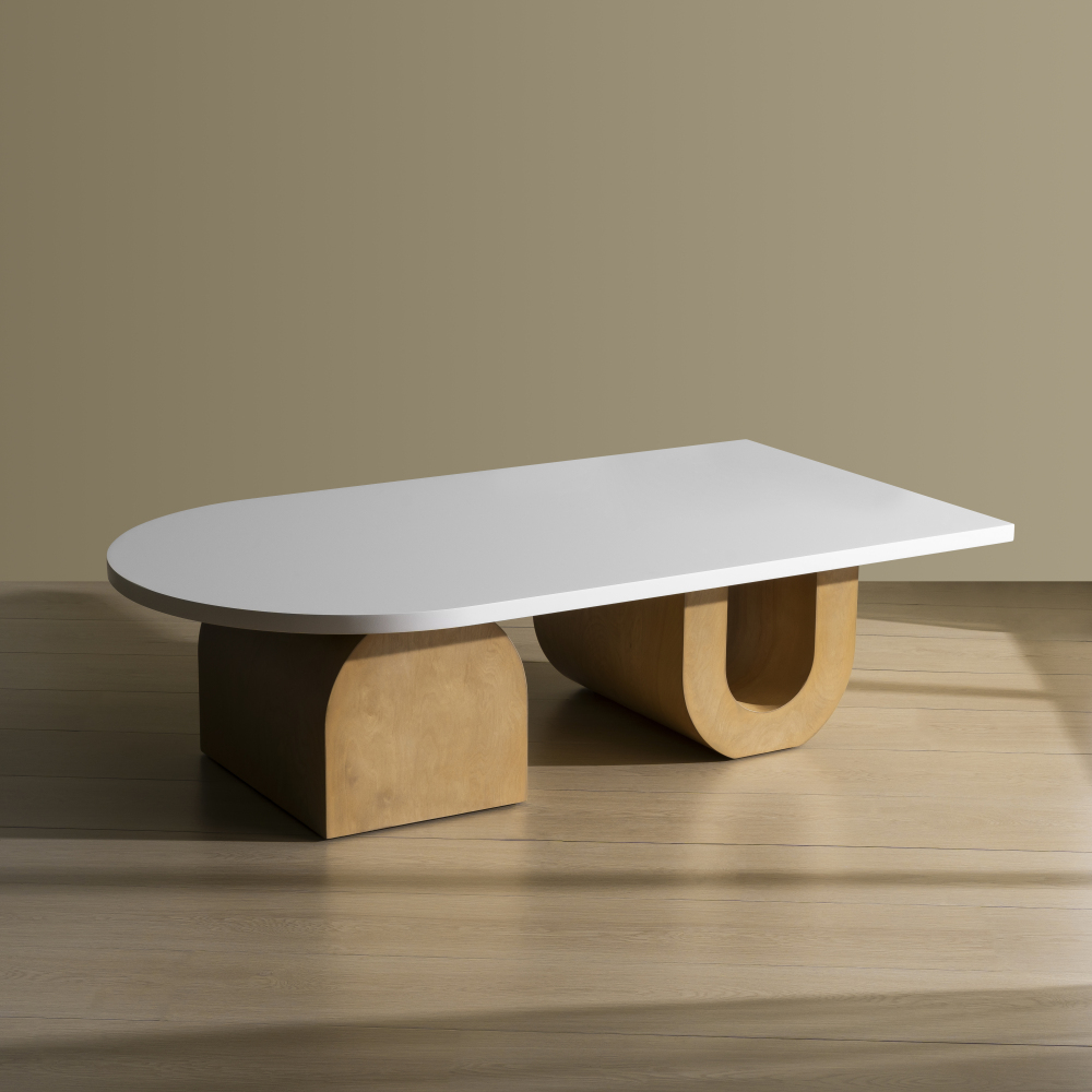 Modern Oval Coffee Table, Sculptural Wood Base Center Table with White Top
