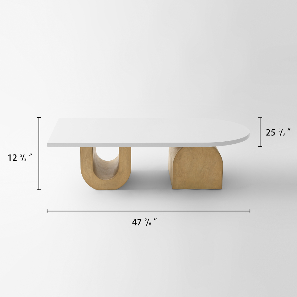 Modern Oval Coffee Table, Sculptural Wood Base Center Table with White Top