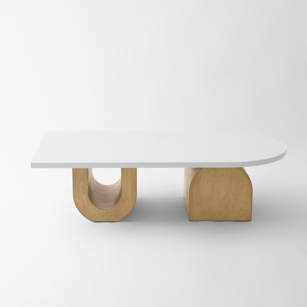 Modern Oval Coffee Table, Sculptural Wood Base Center Table with White Top