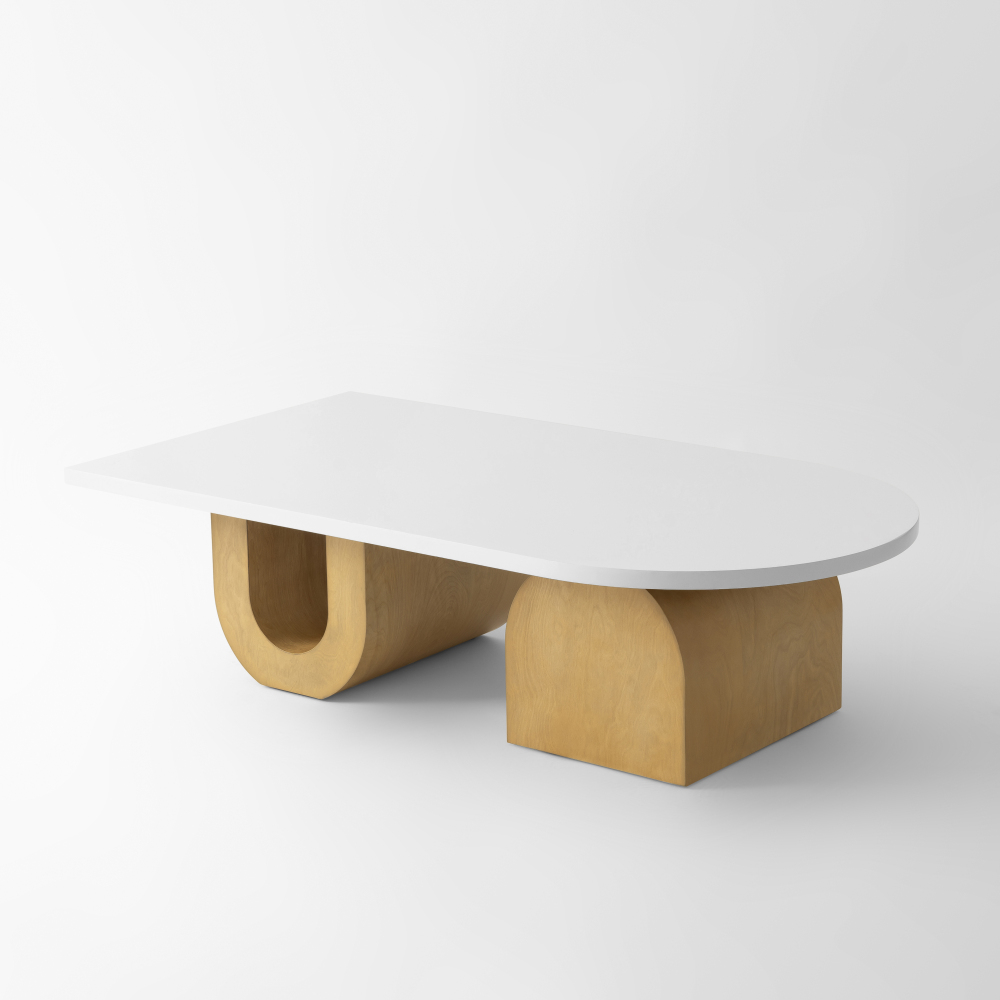 Modern Oval Coffee Table, Sculptural Wood Base Center Table with White Top