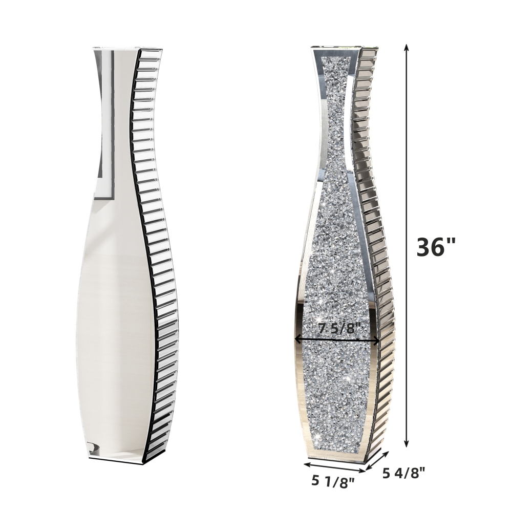 36" Tall Crushed Diamond Floor Vase Silver Mirrored Tall Vases for Floor Large Crystal Decorative Glass Standing Vase