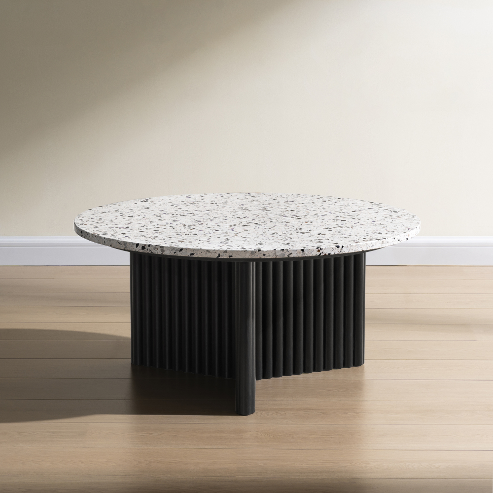 Modern Round Coffee Table with Ribbed Black Base – Minimalist Living Room Accent