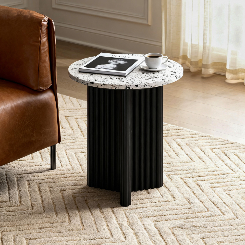 Modern Fluted Side Table, Stone End Table with Terrazzo Top & Black Fluted Ash Wood Base