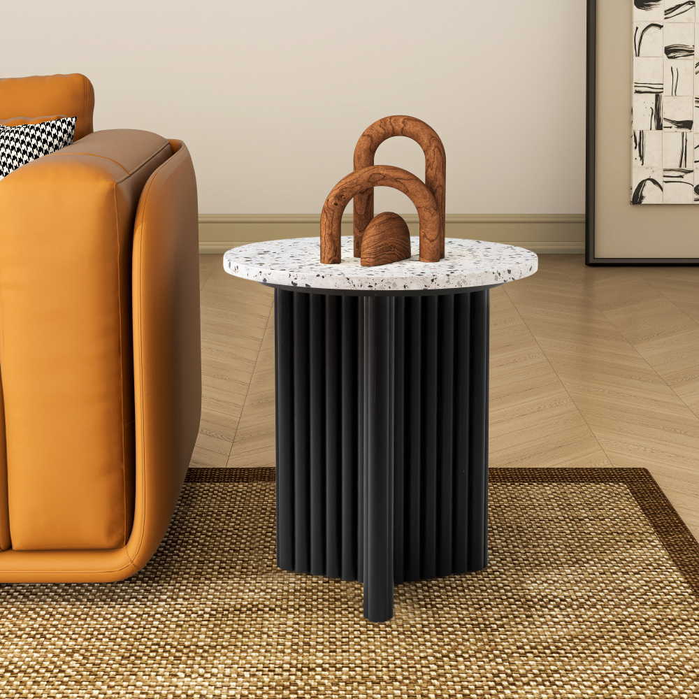 Modern Fluted Side Table, Stone End Table with Terrazzo Top & Black Fluted Ash Wood Base