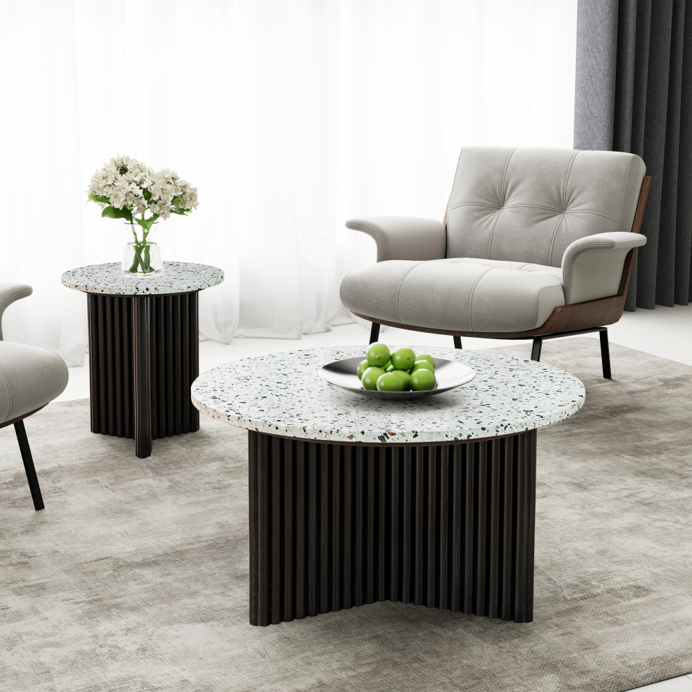 Modern Round Coffee Table with Ribbed Black Base – Minimalist Living Room Accent
