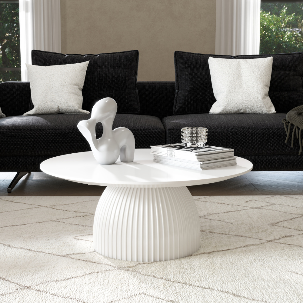 Modern Round Coffee Table, 35.4 inch White Drum Design, Contemporary Minimalist Living Room Table